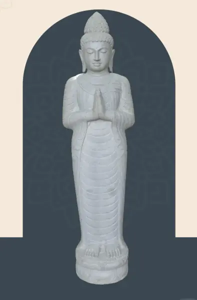 Product image 1 of the product “Standing Buddha made of Riverstone, position Namaskara , H. 185cm. There is a stone eye on the right thight. ”